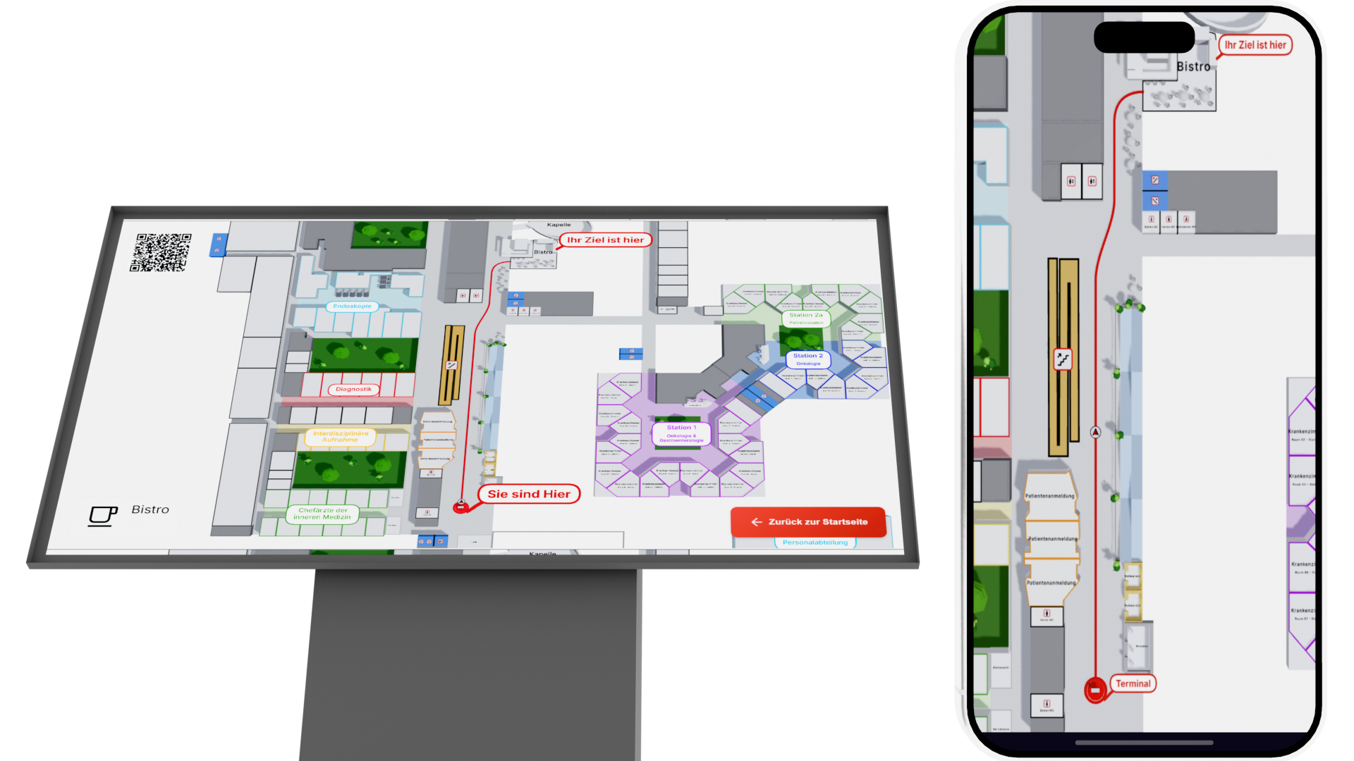 Das Gebäudenavi auf einem Touch-Kiosk und auf dem Smartphone